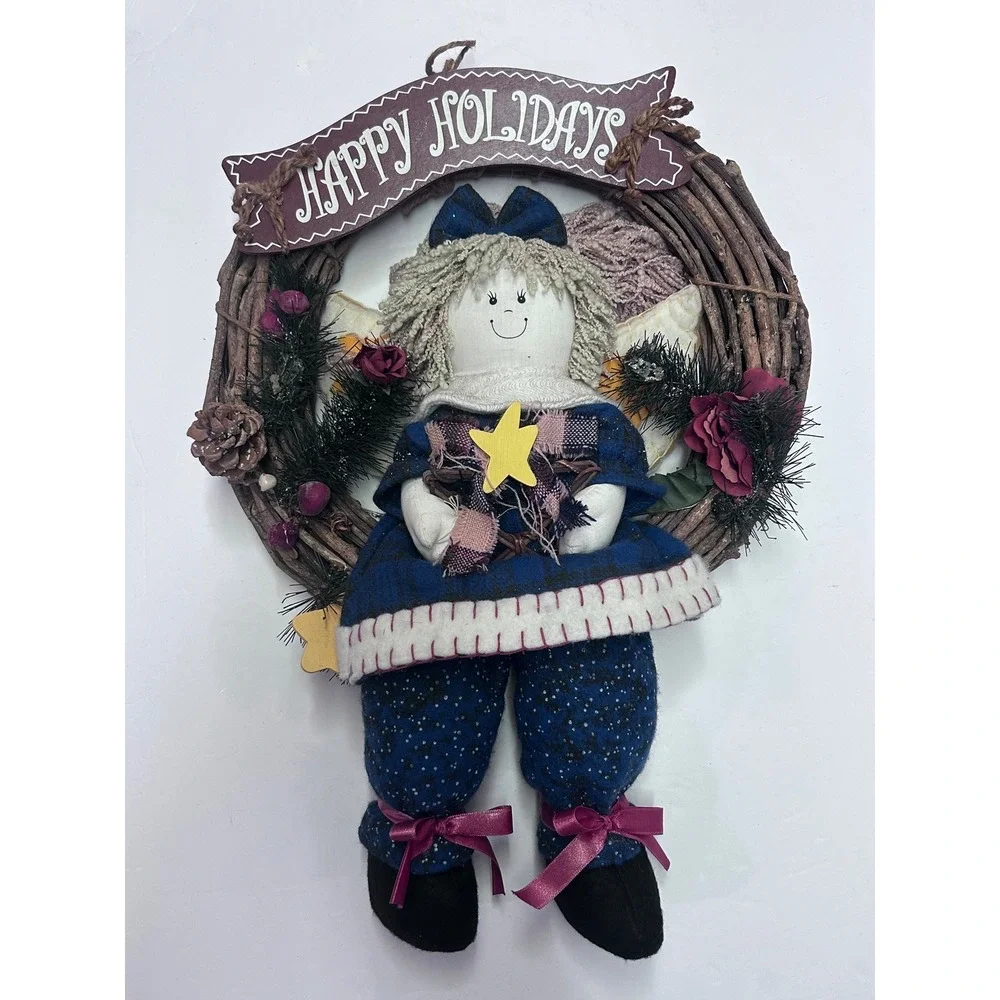 Vintage Handmade Christmas Angel Wreath Wall Hanging Happy Holidays Grapevine